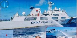 菲國運送物資到仁愛礁暗沙旁的「馬德雷山號」補給，中國海警航擋在路上以高射水炮攔截。圖／取材網易