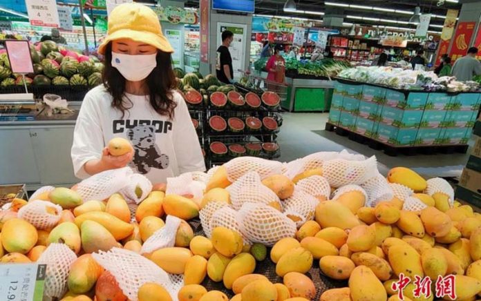 北京消費者在超市選購芒果。圖／取自中新網