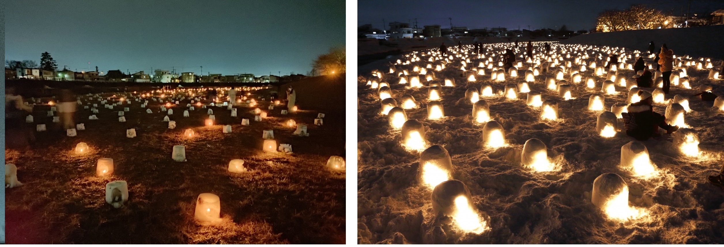 右邊為往年下町雪燈的燈光密度(照片翻自橫手雪祭官網),左邊則為今年蠋檯因環境過於潮濕而一再熄滅的情況。而且,雪量豐沛時,用水桶造雪燈只是舉手之事,但沒雪時,雪燈一但融化變形,就難以再重現。