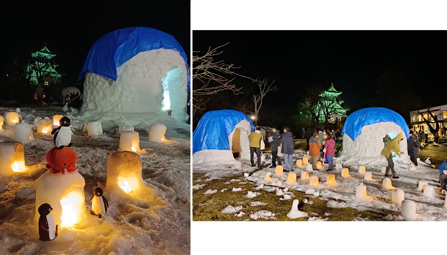 左邊照片中的大小雪屋頗為浪漫,但把鏡頭拉遠,沒雪的窘況一覽無疑。