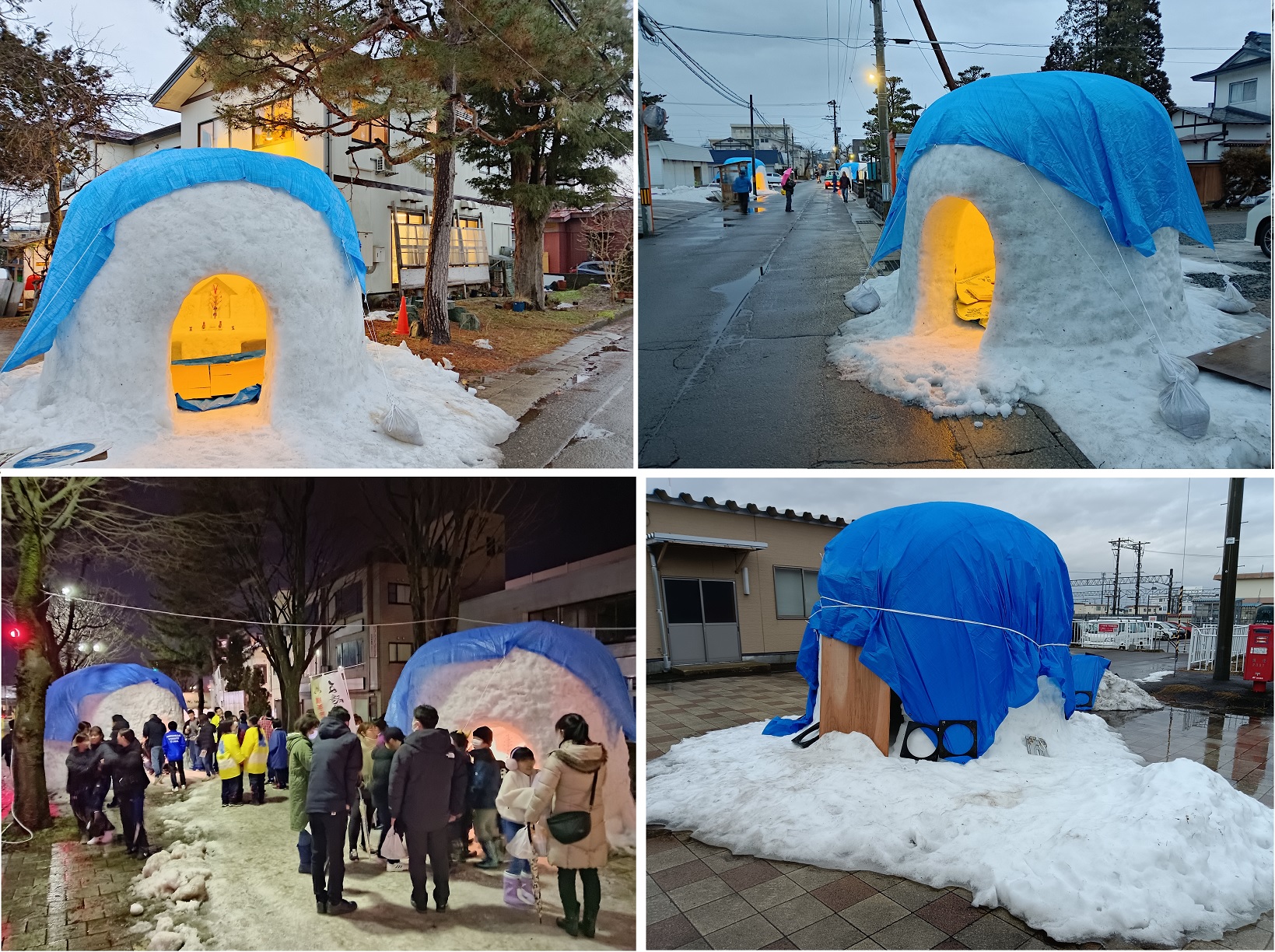 氣候暖化,為了避免雪屋淋雨融化,只能穿上「雨衣」,因此,雪屋也不再白晰美麗了。