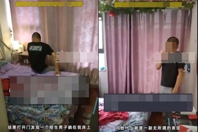 圖為妙齡女子返家後，竟發現陌生男子躺在家中睡覺。取材微博／星視頻