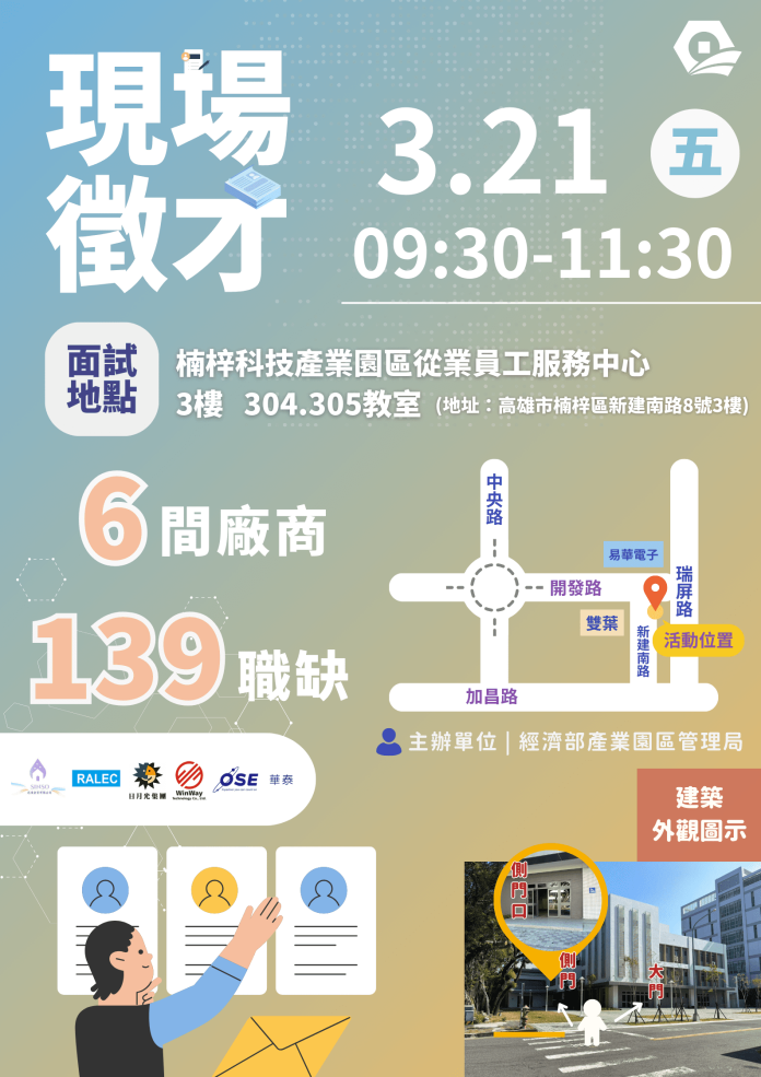 楠梓園區首季徵才21日登場　6大企業釋出逾百職缺