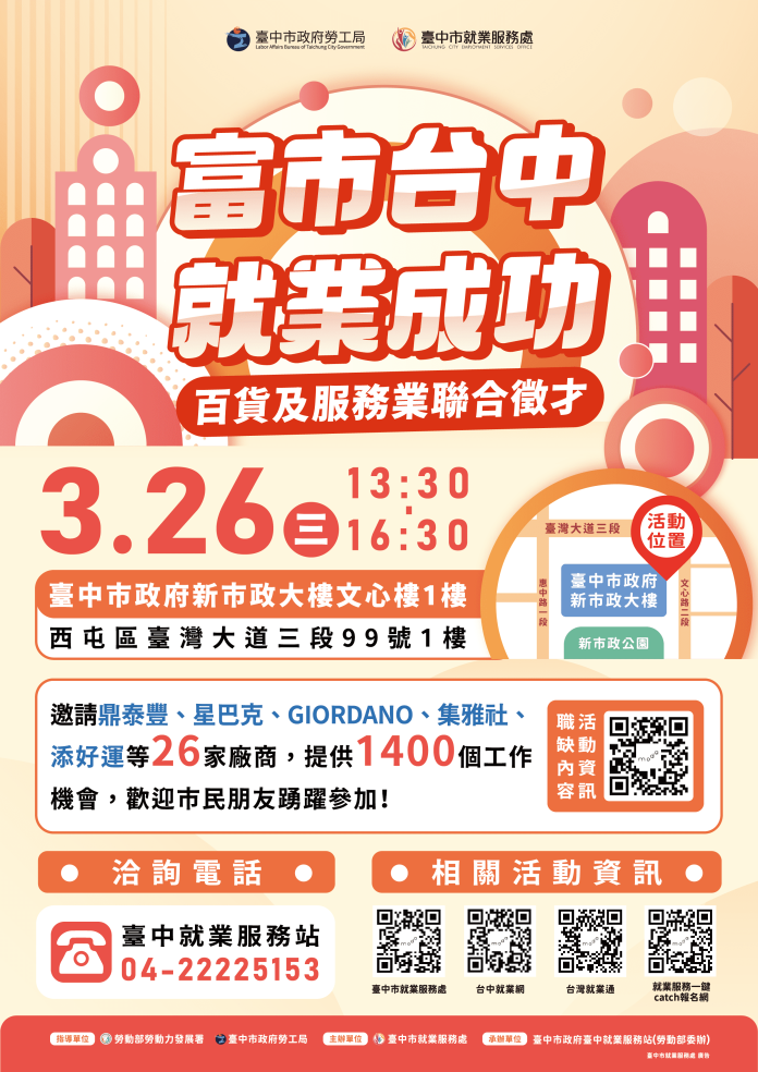 助新光三越受影響勞工轉業！-　中市勞工局百貨及服務業徵才3/26登場