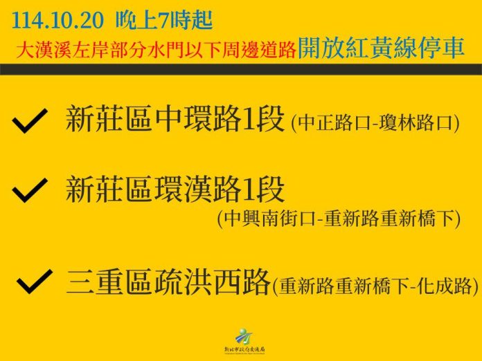 新北自今日19時起　大漢溪流域左岸及淡水河流域部分水門　周邊紅黃線開放停車