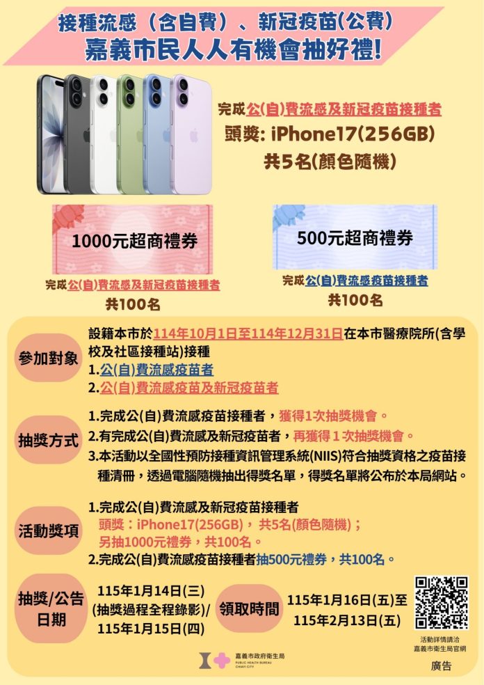 嘉義市12/6開設流感、新冠疫苗快打站　接種就送好禮