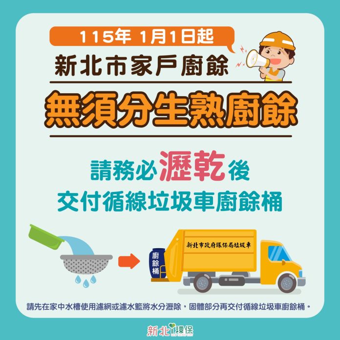 115年1月1日起 新北家戶廚餘交付收運 無須區分生熟廚餘 115年1月1日起 新北家戶廚餘交付收運 無須區分生熟廚餘