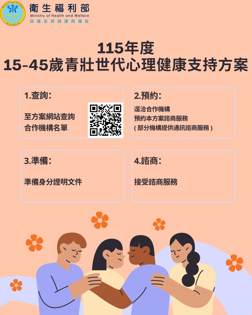 115年續推 青壯世代心理諮商補助 圖/衛生福利部提供