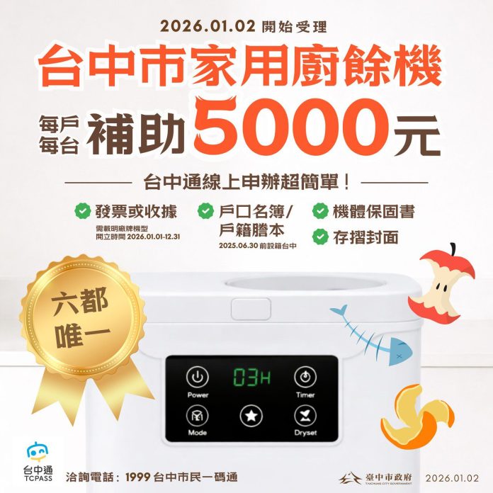 全國最多!台中廚餘機補助萬台 首日受理即破2,000件 市府嚴審防卡位 全國最多!台中廚餘機補助萬台 首日受理即破2,000件 市府嚴審防卡位